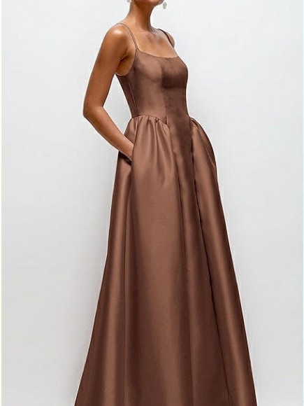 Dessy Collection Brown Satin Maxi Dress With Pockets